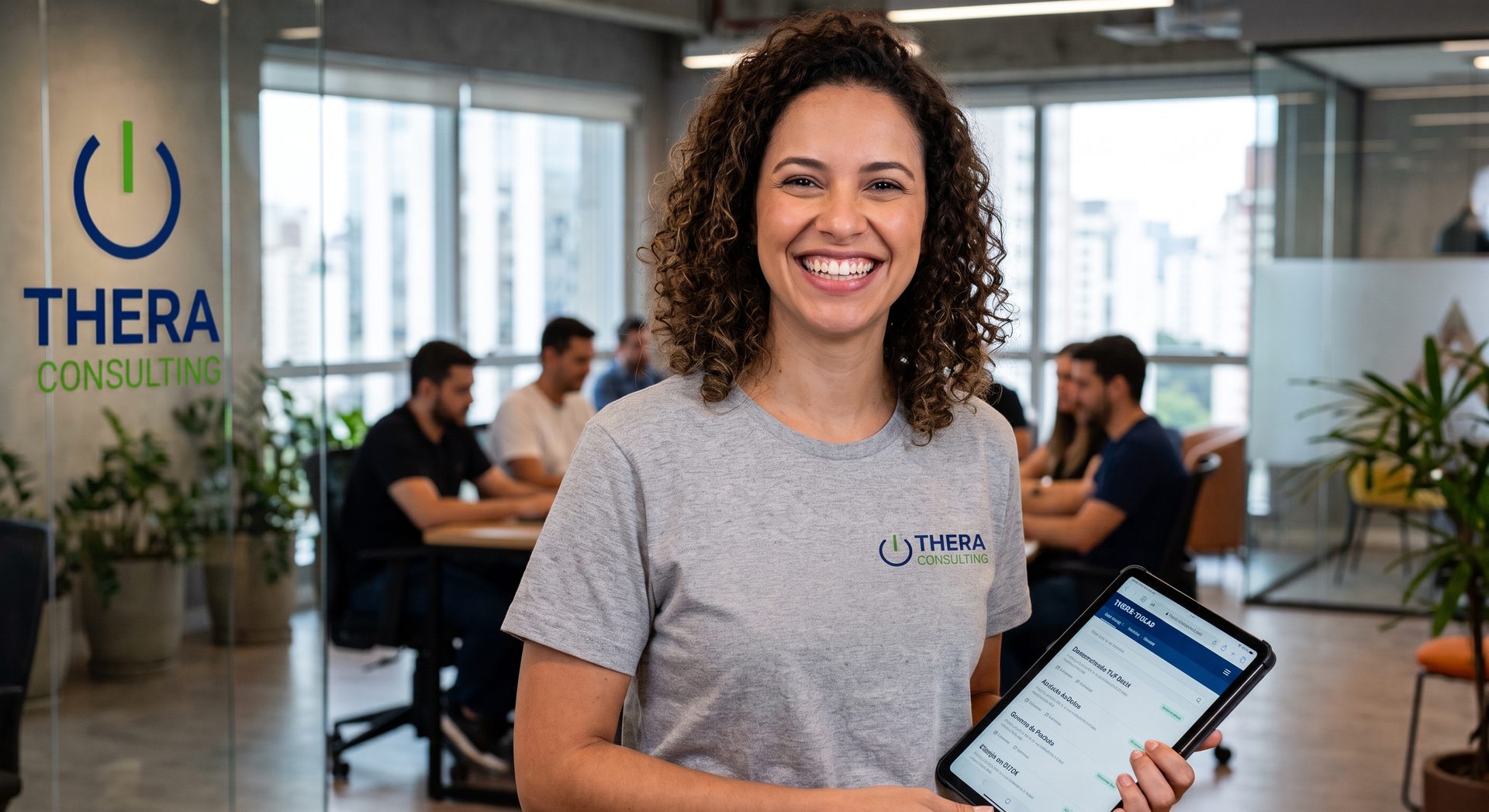Equipe da Thera Consulting reunida no escritório em Barueri, colaboradora em primeiro plano segurando um tablet com o portal de vagas aberto
